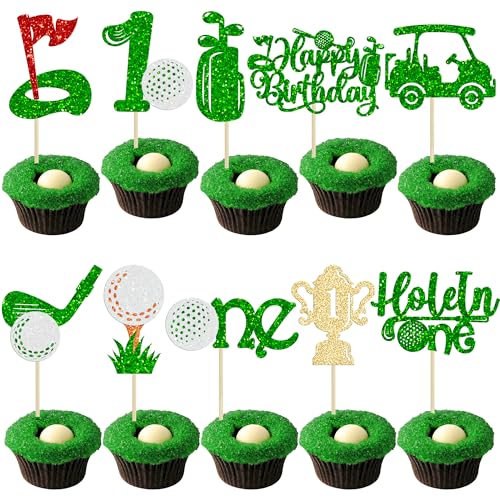 Gyufise 30Pcs Golf Hole in One Cupcake Toppers Golf 1st Birthday Cupcake Picks Flag Ball Carts Golf First Birthday Cake Decorations for Girls Baby Shower Golf Party Decorations Green