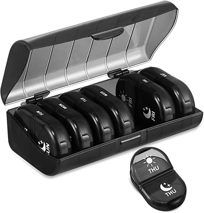 Fullicon Pill Organizer 2 Times a Day, Weekly Pill Box AM PM, Removable Medicine Organizer, Pill Cases Twice a Day - (Black)