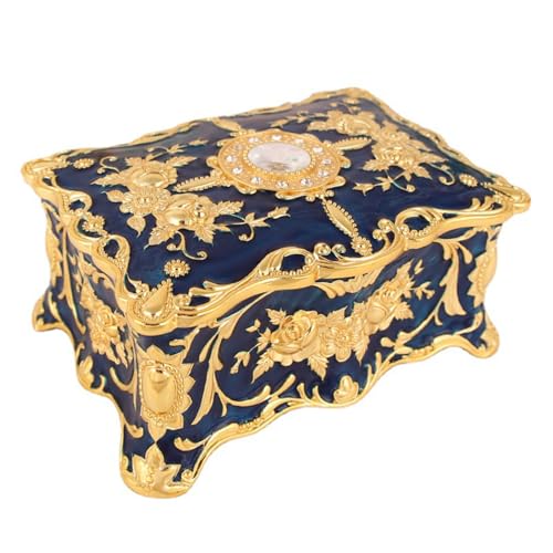 Stgbcst Joyero cuadrado con tapa, caja de joyas dorada, antiguo, retro, para salón, dormitorio, cuarto de baño, color azul
