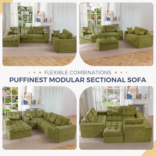 Image of MAXYOYO Modular Sectional Sofa with Ottoman and Loveseat, Cloud Boneless Couch with Layered Cushion, Flexible Module Combination Sofa for Living Room, No Assembly Required,Green