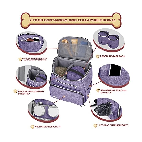 BAGLHER-Dog-Travel-Bag-BackpackAirline-Approved-Pet-Supplies-BackpackDog-Travel-Backpack-with-2-Silicone-Collapsible-Bowls-and-2-Food-Baskets-Purple Waterproof Dog Saddle Bag with Poop Bag Dispenser - Adventure Paws