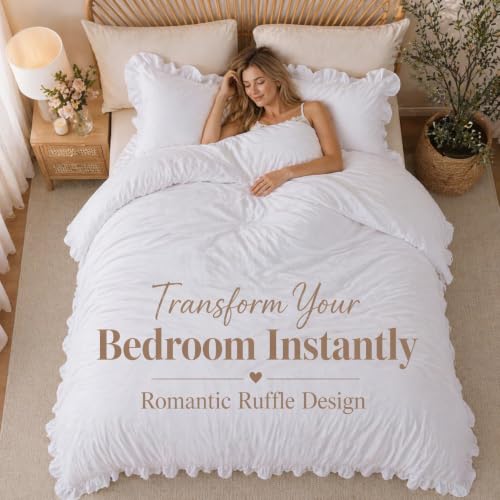 Image of JANZAA White Comforter Set King - Soft Microfiber, Lightweight All Season Bedding, Ruffle Shabby Chic Aesthetic, Breathable Cozy Bed Set with 2 Pillow Shams, Machine Washable