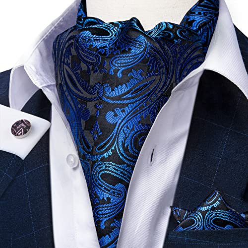 Image of DiBanGu Mens Silk Ascot Ties Paisley Jacquard Woven Cravat and Pocket Square Cufflinks with Lapel Pin for Business Wedding