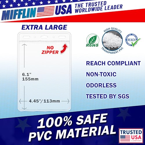 Image of 4x6 XXL Passport, ID, Name Card Holders - Vertical, Zipperless, 250 PK | Mifflin large clear plastic waterproof passport holder with soft edge, 5 pre-punched holes for all lanyard clips, bulk pack