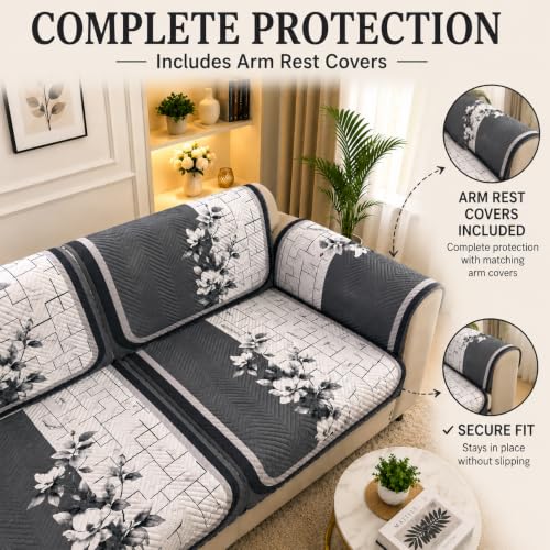 Image of Printed 7 Seater L-Shape Sofa Cover with Arm Covers, Quilted Texture, Sectional Couch Protector for Living Room-Pack of 15 (Grey Bloom)