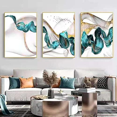 Tableau abstrait nordique 70x100cm lot de 3 toiles murales modernes en ruban bleu et or sans cadre