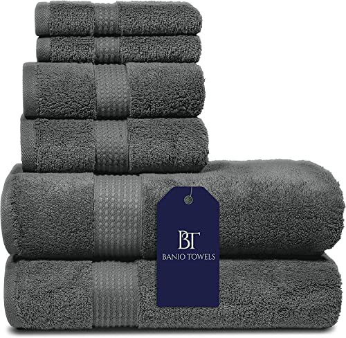 Banio 2 Bath Towels, 2 Hand Towels and 2 Washcloths100% Turkish Cotton Luxury Quick Dry Towels for Bathroom, Guests, Hot Tub - Hotel Quality Bath Towels, Soft and Ultra-Absorbent (6-Piece, Dark Gray)