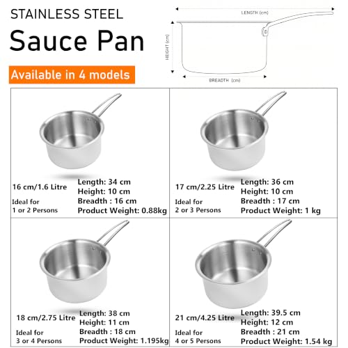 Image of Hornbills Triply Stainless Steel 17cm / 2.2 L Teapan, Saucepan with Rivetless Stay Cool Handle, Faster Heating, Easy to Clean, Full Induction Bottom Chai Pot Milk Boiler with Handle (5 Years Warranty)