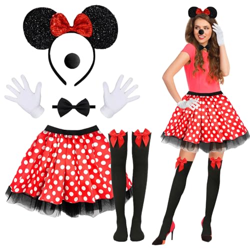 Xerteam 6 Stück Maus Mouse Kostüm für Mädchen Damen, Süßes Mini Mauskostüm für Erwachsene, Mausohren-Stirnband+Roter Tutu-Rock+Nase+Fliege+Handschuhe+Socken für Cosplay, Halloween, Verkleidungsparty