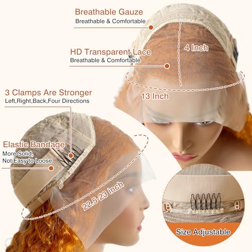 Image of Nsvnsv Ginger Wig Human Hair 13x4 deep wave Ginger Orange Lace Front Wigs Human Hair HD Transparent Lace Frontal 350 Colored Human Wig Pre Plucked 180% Density 24inch