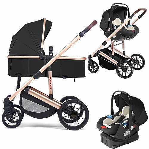 Lulicy 3-in-1 Travel System Stroller Car Seat Combo High Landscape Baby Bassinet Stroller Adjustable Backrest & Canopy for 0-36 Months Babies