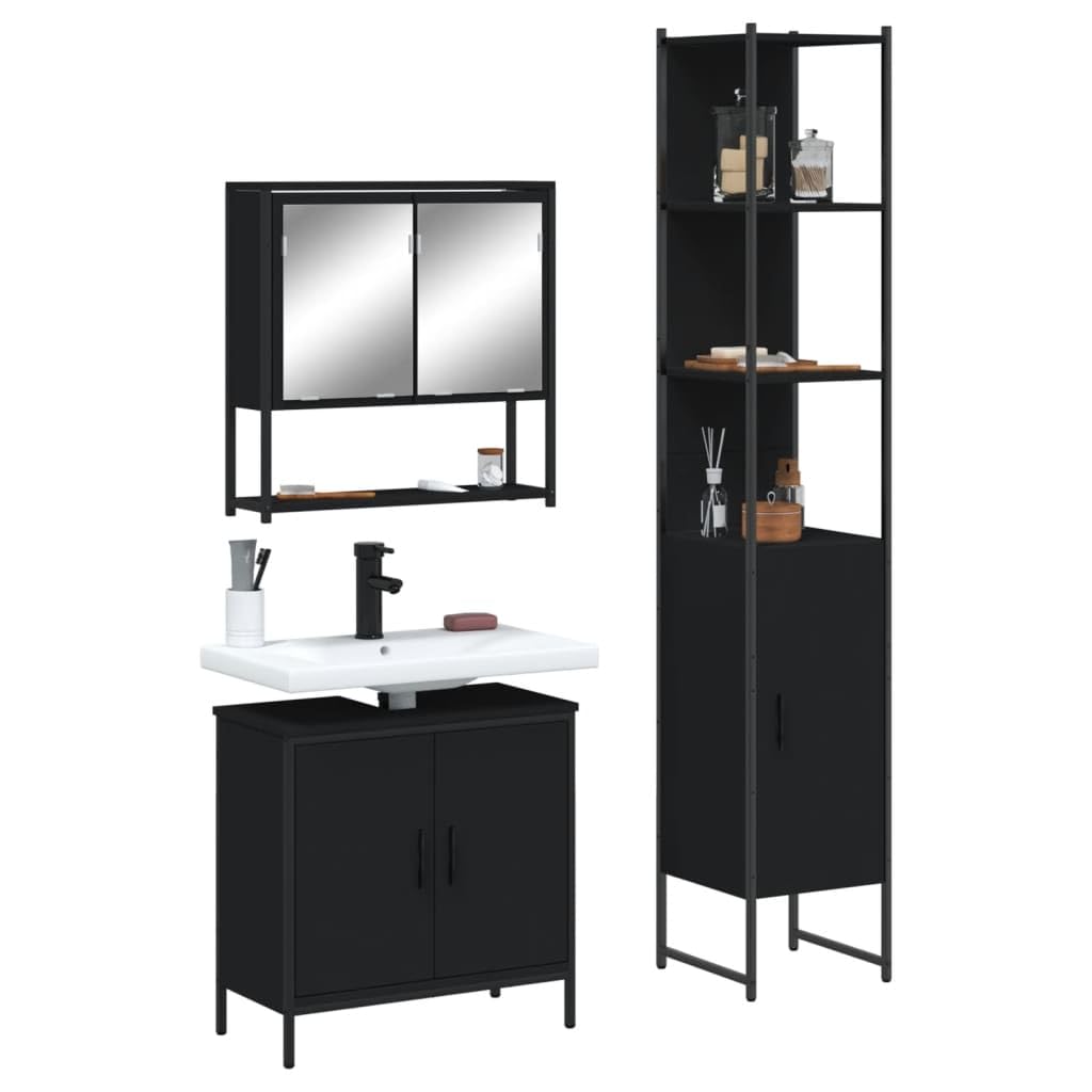 CHARMMA Bathroom Furniture Set Black Engineered Wood Bathroom Furniture Set,Bathroom Furniture Sets-3214680