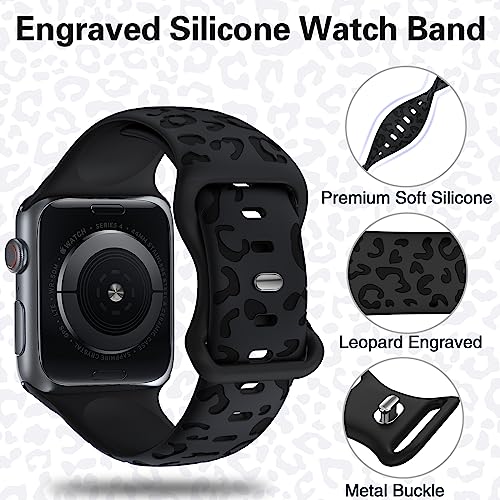 Leopard Engraved Bands for Apple Watch Band 40mm 38mm 41mm 42mm 44mm 45mm Women Men, Cheetah Sport Strap Silicone Waterproof Wristbands for iWatch Series 9 8 7 6 SE 5 4 3 2 1