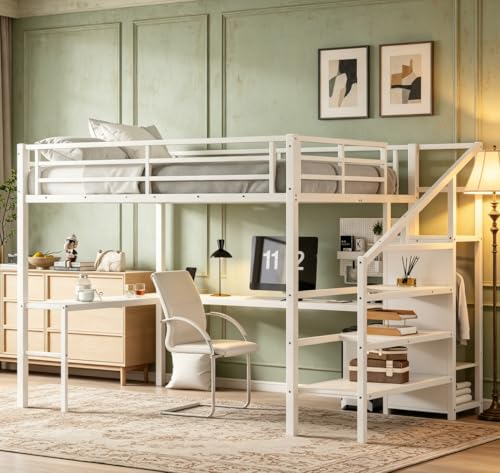 Image of Bellemave Queen Size Loft Bed with Desk and Wardrobe Storage Stairs and Wardrobe, LED USB, Loft Bed Full Size for Teens Metal, White