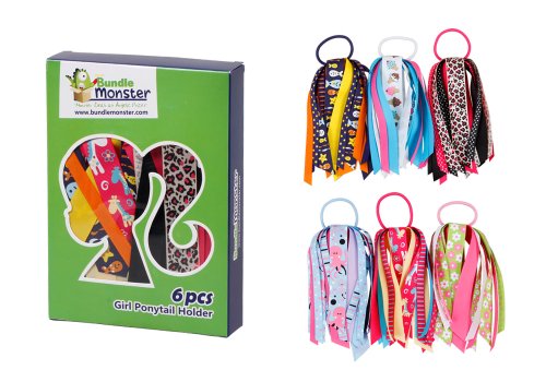 Bundle Monster 6pc Multicolor Girl Ponytail Hair Elastic Stretch Holders Set with Various Grosgrain Ribbons Designs - Set 2