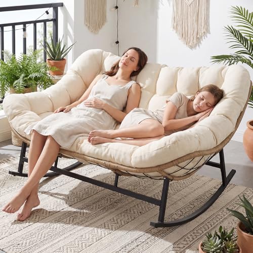 Image of NICESOUL Oversized Double Rocking Papasan Chair with Thick Cushion, 2 Person Big Wicker Outdoor Comfy Recliner, Extra Large Heavy Duty Egg Loveseat for Patio, Balcony, Backyard, Garden, Beige