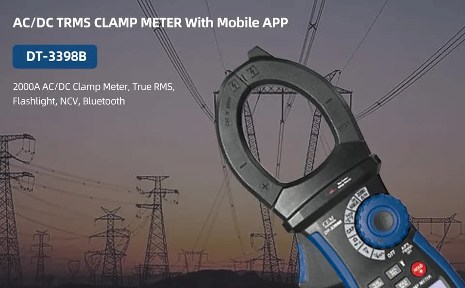 CEM DT-3398B Clamp Meter with power lines background, highlighting mobile app connectivity