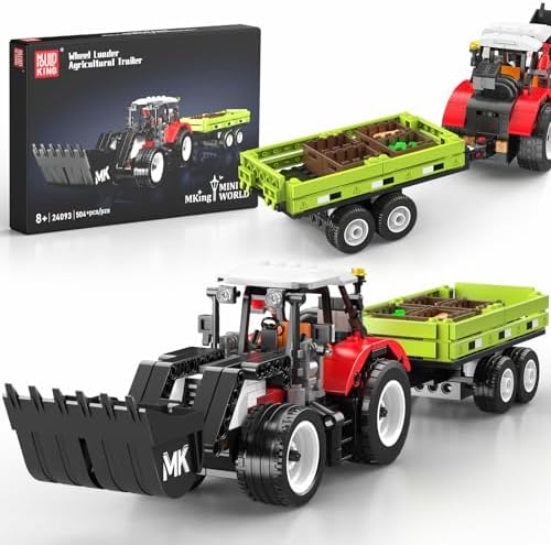 Mould King Technik Traktor Klemmbausteine mit Anhänger, 504 Teile, ab 14 | Landmaschinen-Bausatz, bewegliche Frontschaufel, beladbare Ladefläche, drehbare Räder, detailreiches Fahr