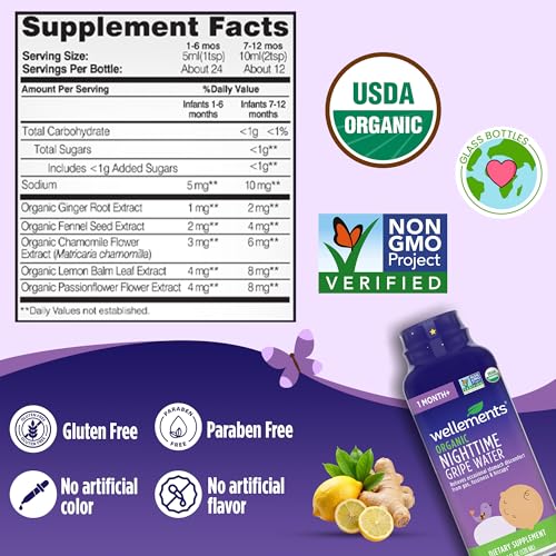 Image of Wellements Organic Nighttime Gripe Water for Babies 1 Month+ (4 Fl Oz) - Baby Gripe Water for Bedtime Relief Gas, Colic & Fussiness - Herbs Promote a Peaceful Night's Sleep - USDA Certified & Non GMO