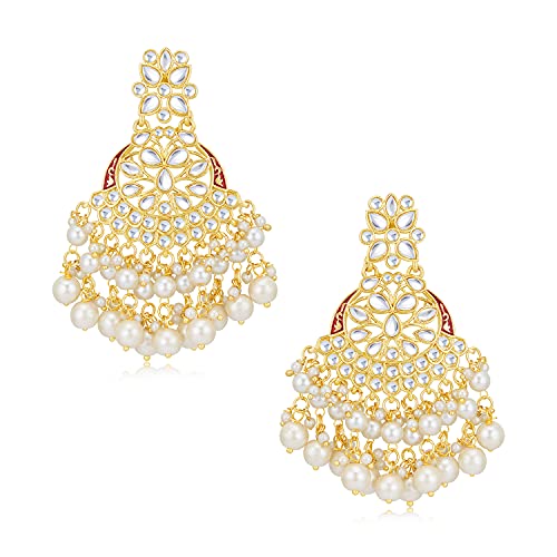 Sukkhi Youthful Kundan Gold Plated Pearl Chandelier Earring Set for Women (SKR85634), Maroon, One Size