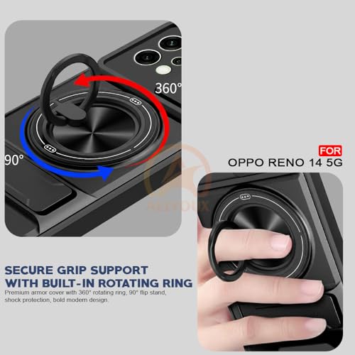 Image of Oppo Reno 14 5G Back Cover | Armor Camera Slider 360 Degree Rotating Finger Ring Holder Case with Bracket Stand Back Case Cover (Compatible with MagSafe Accessories) (Black)