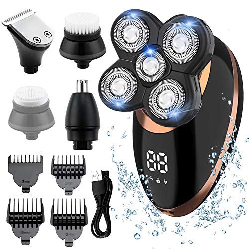 Rasoir Électrique Homme,RINBO Tondeuse Cheveux Rasoir Electrique sans Fil 5 en 1 Kit 100% étanche,5 Têtes de Rasoir/Tondeuse à Cheveux/Tondeuse à nez/brosse de nettoyage,Avec Affichage LCD (D'or)