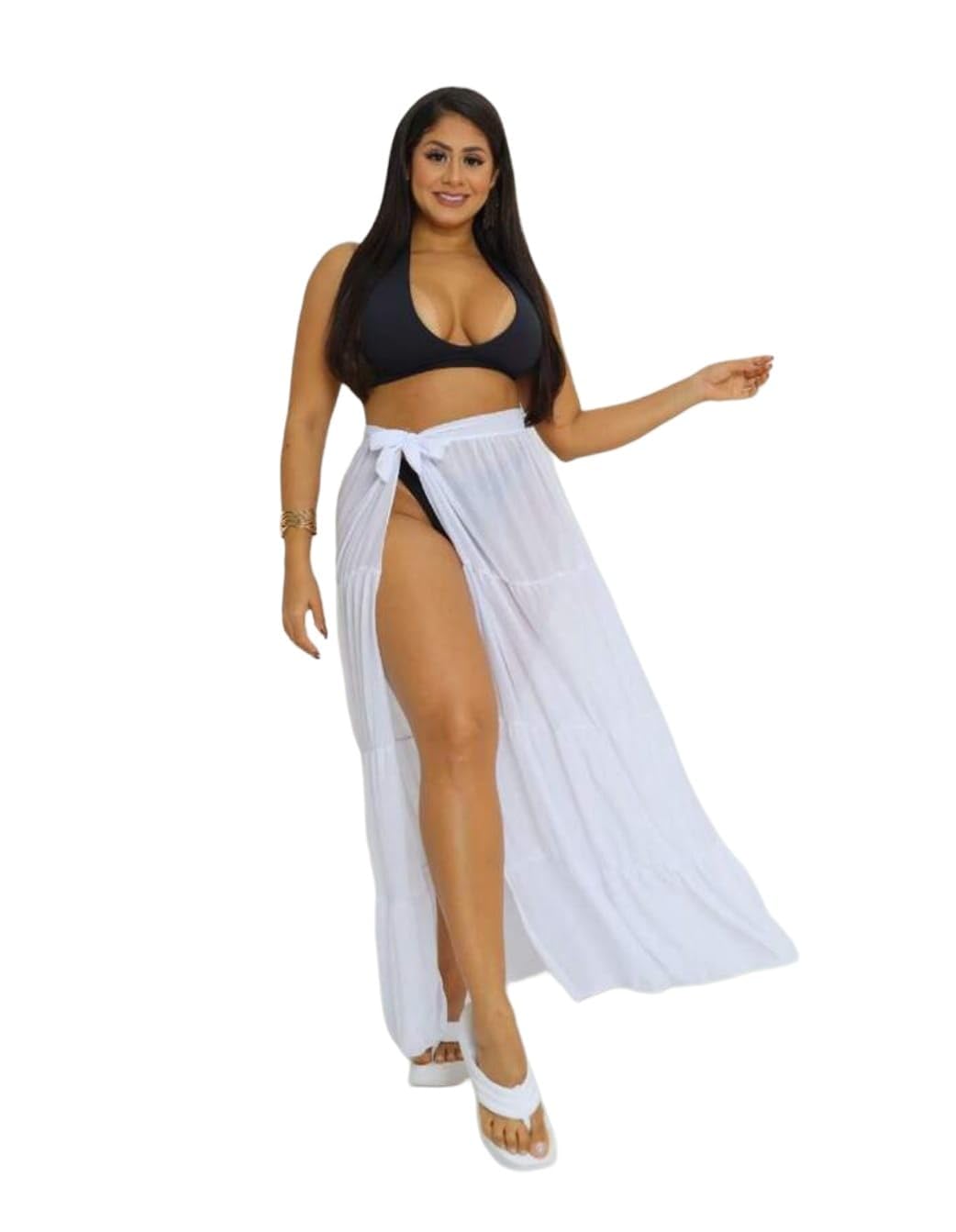 Mrugneni Beach Cover-Up Skirt, Georgette Fabric, Frilled Design, Long Length (White, Free Size) 1