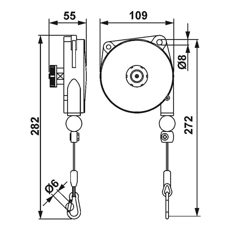 TECNA 9311 Federzug-Balancer – Tragkraft 0,4–1 kg, Seillänge 1600 mm – Aluminiumgehäuse & Edelstahlseil – Werkzeugaufhängung für Werkstatt & Industrie – ergonomisch & langlebig