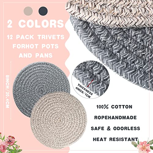 12 Pcs Trivet Pot Holders 8 Inch Cotton Braided Potholders Set Round Trivets For Hot Dishes Hot Pads Hot Mats Table Mat Farmhouse Stylish Coasters For Kitchen Cooking Baking Decor, Brown And Grey #TOP1