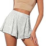 Pailletten-Shorts für Damen, glitzernd, dehnbar, hohe Taille, Rüschen, Glitzer, Mini-Shorts, Konzert-Outfits, Ausgehen, Party, Weiss/opulenter Garten, XX-Large