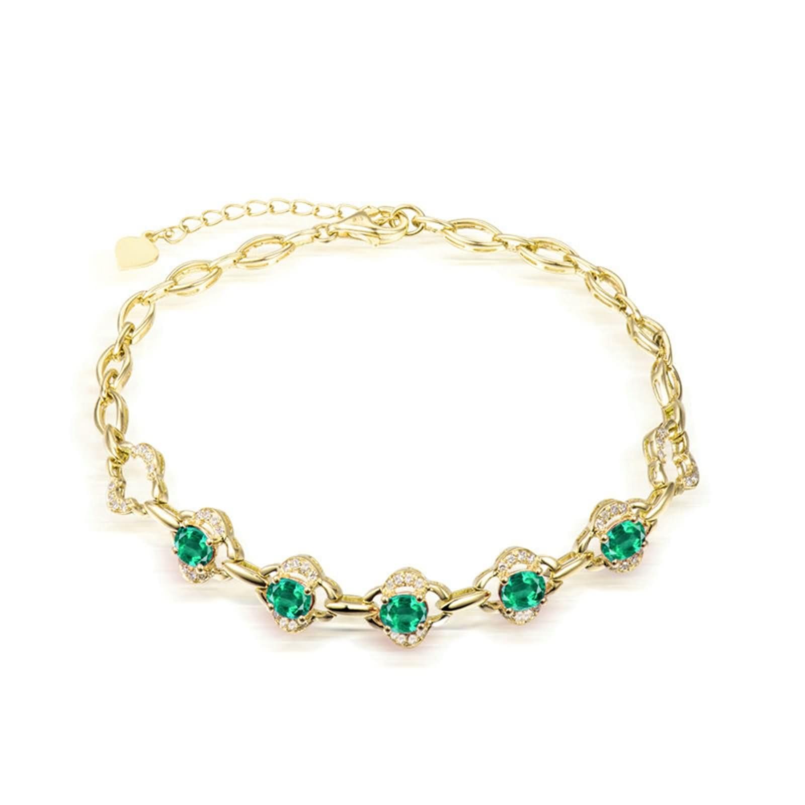 Pulsera de Mujer Oro Amarillo 9 K / 14 K / 18 K, Flor y Oval con Esmeralda de 1,95 ct y Diamante de 0,23 ct, Cadena Extensible 16 CM + 5 CM, Pulsera de Oro Verde para Mujer Ajustable