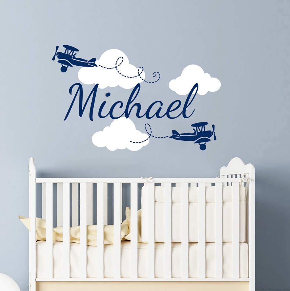Personalized Name Wall Decals for Boys Custom Clouds Biplane Airplane Plane Nursery Decals Art Wall Vinyl Sticker. Name For Son's Nursery Wall Decor. Children Kids Room Baby Name Wall Decal vs26