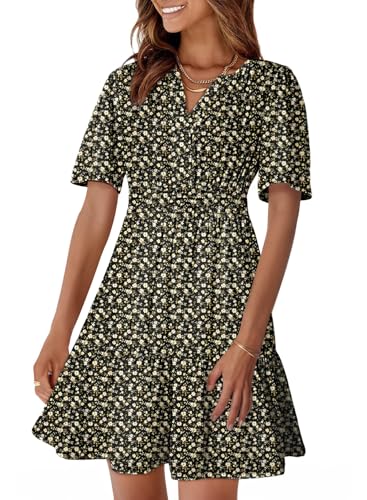 Image of Dokotoo Womens Summer Dresses 2026 Boho Floral Short Sleeve V Neck Smocked Waist Casual A-Line Swing Mini Dress Sundress
