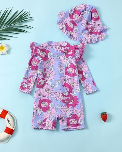 Image of Toddler Girl Swimsuit Baby Girl Bathing Suit Long Sleeve Floral Zipper One-Piece Rash Guard Swimsuit with Hat
