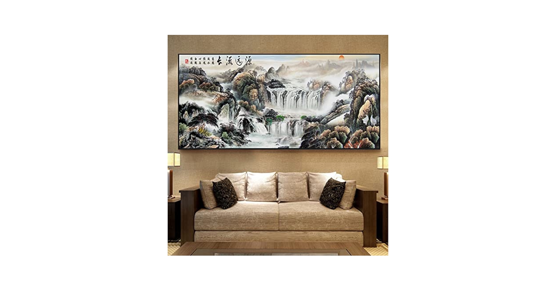 Amazon.co.jp: 自然の風景キャンバス絵画古典的な風景画滝は長い