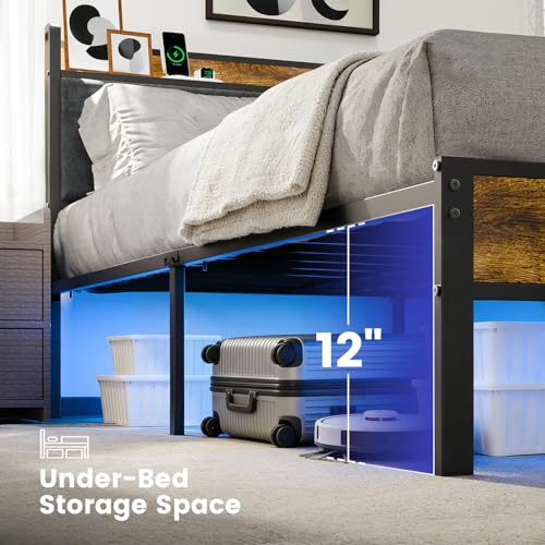 PROTEA Twin Size Bed Frame with LED Lights and Charging Station, Upholstered Headboard with Storage, Sturdy Platform with Metal Slats, Noise Free No Box Spring Needed - Image 6