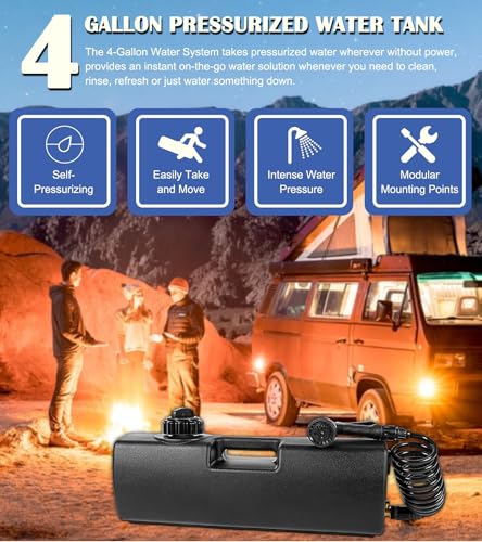Image of 4.0 Gallon Self-Pressurized Water Tank - Portable Camping Shower Water Container w / Spray Hose, Trucks & Off-Road Vehicles Water Storage for Outdoor, Hiking, Emergency Storage, Bumper Mount /Bed Mount