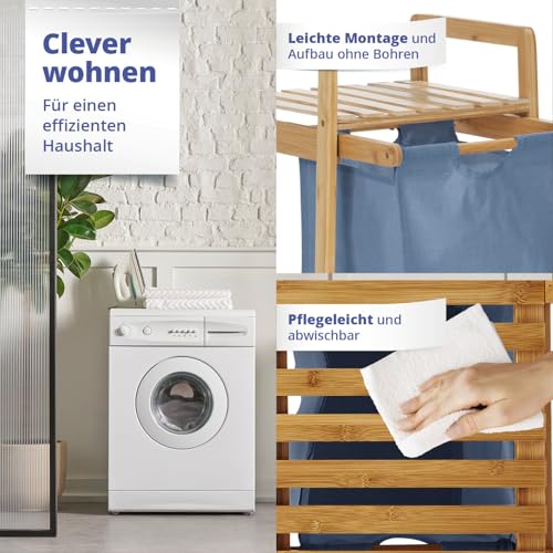 Lumaland Cesto para la colada de bambú | Cesto para la colada con bolsa de lavandería extensible, bambú renovable, caja de madera estrecha, pequeña | cesto para la ropa sucia con estante | contenedor - imagen 5