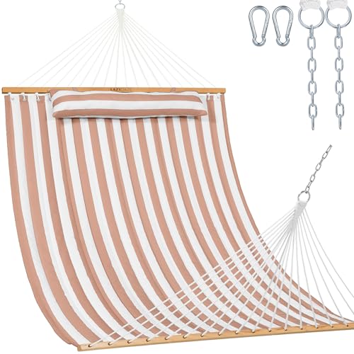 Image of Lazy Daze 12 FT Quilted Double Hammock with Spreader Bar, 2-Person, Outdoor Hammock for Patio, Poolside, Backyard, Beach, 450 lbs Capacity, Beige White