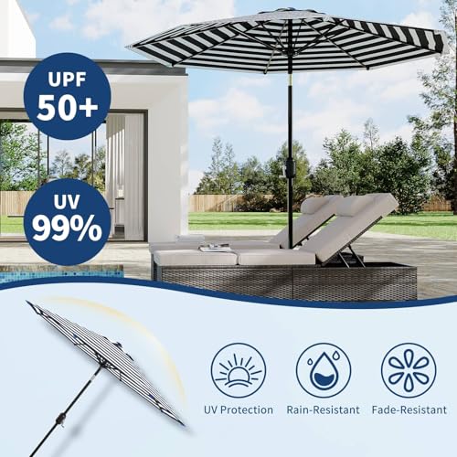 9Ft Patio Umbrella - 8 Sturdy Ribs Outdoor Table Umbrella with Crank Lift & Push Button Tilt - Market Umbrella for Pool, Deck, Yard, Garden - Black & White Stripe