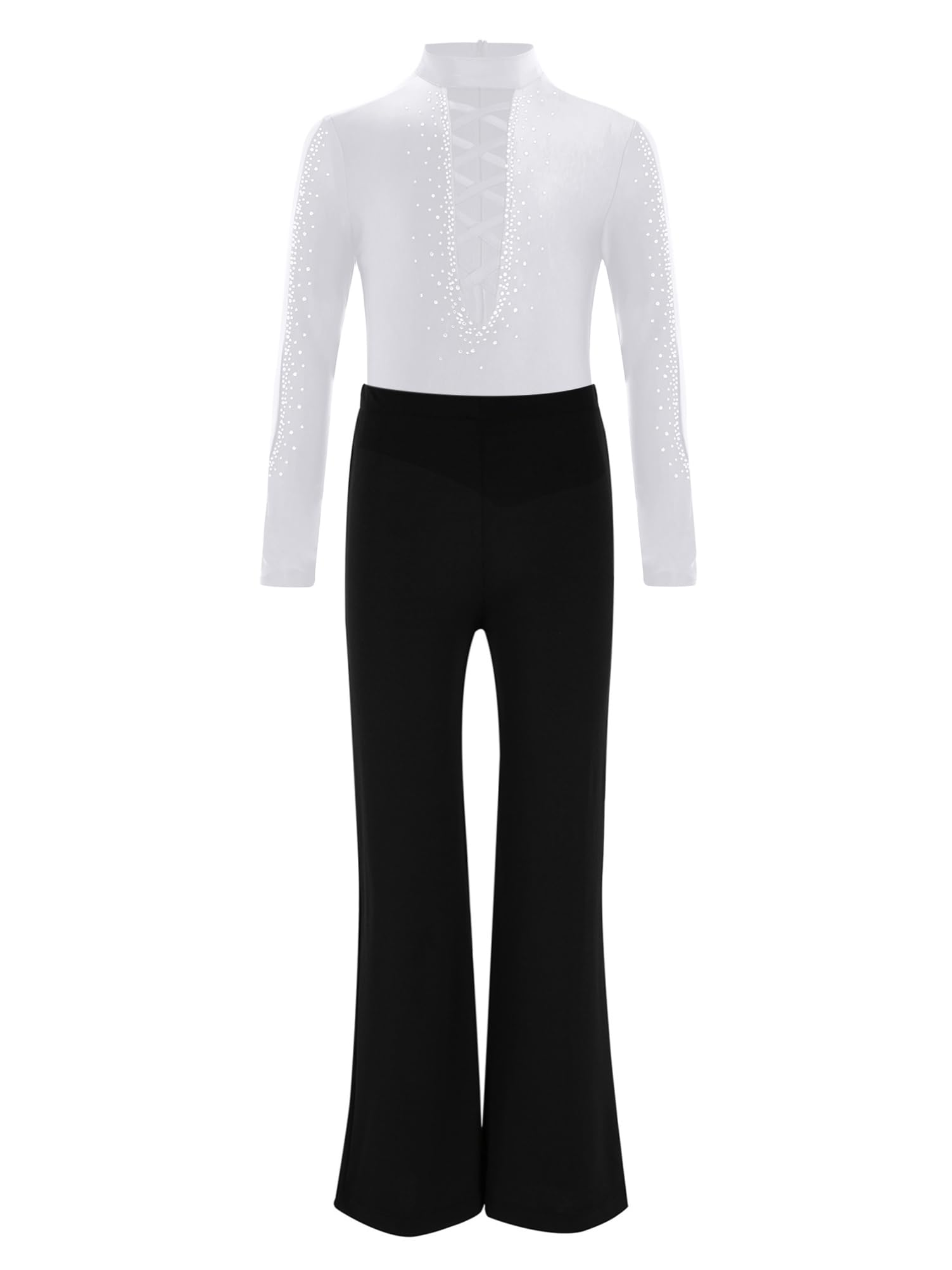 Alvivi Completo da Ballo Latino per Bambino 2 Pezzi Strass Camicia da Ballo e Pantaloni a Palazzo Vita Alta Body Danza Classica Leotard Tango Samba Rumba Dancewear