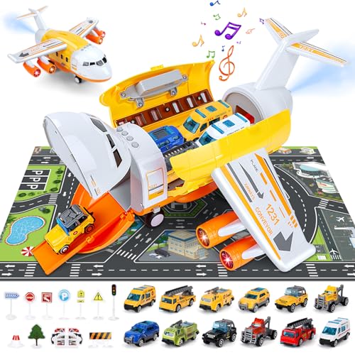 BuzzoXerex Avión de Carga de Transporte, Avion Juguete con Sonido y Luz, Juego Avión de Transporte con 12 Mini Coches para Niños, Regalo para Niños y Niñas Mayores 5 Años (Amarillo)
