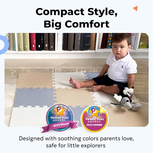 Image of MioTetto Baby Play Mat, Comfortable Tummy Time Mat - Portable Foam Floor Tiles, Safe baby mat for floor for Crawling & Development, Soft play mat for babies 0-6 months, Stylish interlocking foam tiles