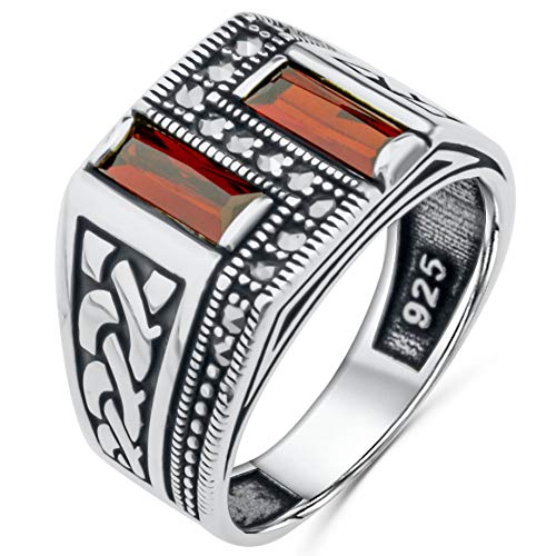 Solid 925 Sterling Silver Turkish Handmade with Baguette Cut Simulated Red Ruby Stone & Marcasite Stone Men's Band Ring