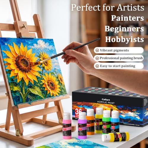 Image of Caliart 36 Colors Acrylic Paint Set with 12 Brushes | Craft Painting kit for Adults Artists Beginners, Rich Pigment Non-toxic, Canvas Wood Rock Pumpkin Ceramic Art Supplies Paint