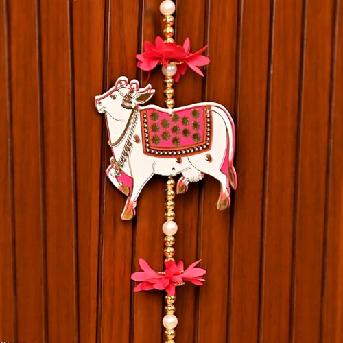 Image of CraftVatika Pichwai Cow Wall Decor Hanging Latkan for Door Wall Decoration, Diwali Decor Items Diwali Decoration for Home, Festive Decor Items, Pichwai Backdrop Cow with Bell Hanging 14.5 Inch Height
