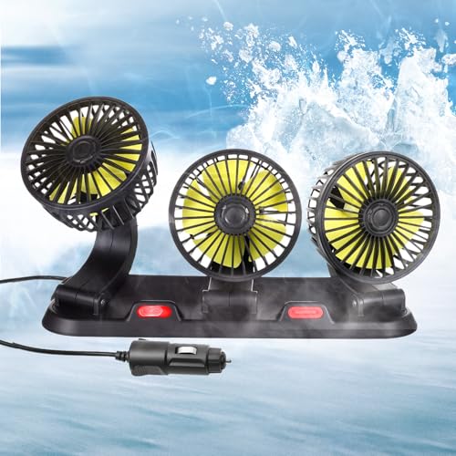 Chaohua 12V Auto Ventilator, Dreifach Lüfter Ventilator Auto 360° drehbar mit 2 Geschwindigkeiten Doppellüfter Geeignet für Autos, LKWs, SUV, RV