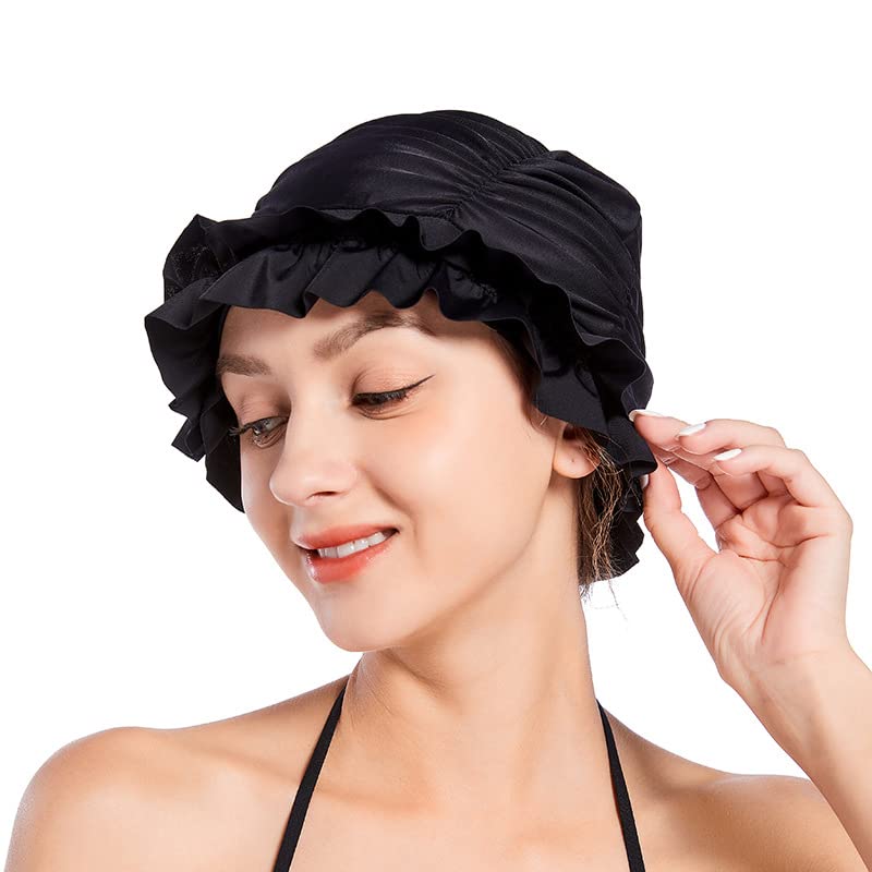 Girls Swimming Cap for Long and Short Hair Women Vintage Waterproof Swimming Cap Hat Ladies Bathing Shower Cap for Horsetail Braids Dreads Elastic Retro Swimming Caps - Image 2
