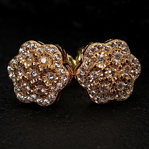 Men's Large 14K Yellow Gold 925 Sterling Silver Flower Cluster Hip Hop Stud Earrings2