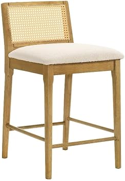 Tobias Coastal Modern Wood Counter Height Kitchen Bar Stool in Amber Glow Finish with White Boucle Fabric Upholstered Seat - Set of 2